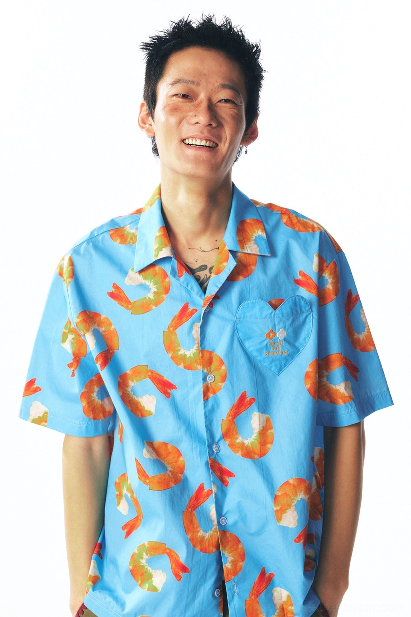 Sky blue shrimp print short-sleeve streetwear button shirt product image with relaxed oversized fit and all-over graphic design