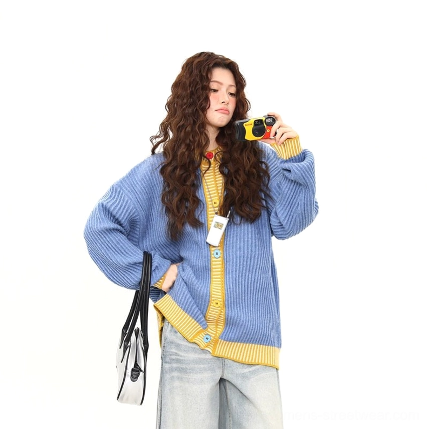 Sky blue yellow contrast ribbed cardigan product image showing oversized Korean streetwear knit design and button front