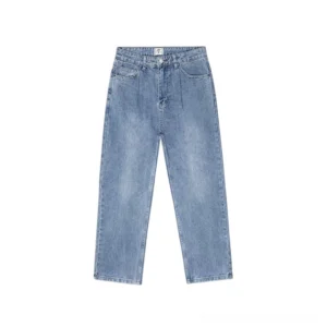 Skyfade pleated light wash straight leg denim jeans front flat lay showing relaxed silhouette and faded blue wash