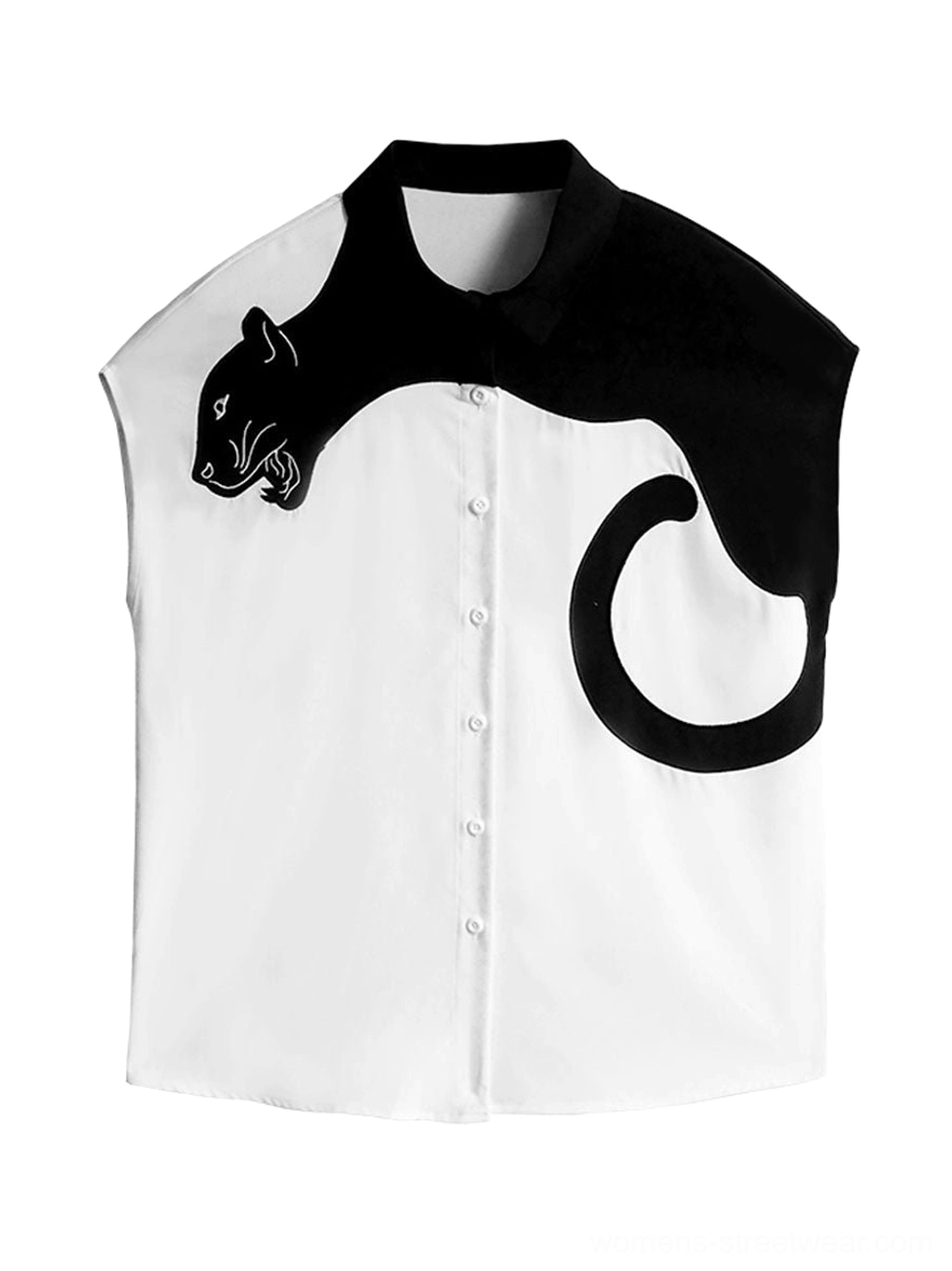 Sleeveless panther embroidered blouse product image showing a lightweight statement layering option