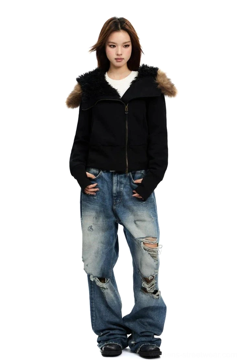 Slim cropped zip-up hoodie with statement faux-fur hood trim, full front zipper, and contemporary Seoul fashion styling