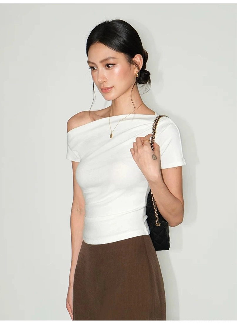 Slim-fit asymmetric off-shoulder T-shirt designed for Korean fashion, Seoul streetwear, and everyday styling