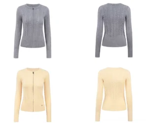 Slim fit cable knit zip cardigan showing front and back views with round neck, textured knit pattern, fitted waist, and versatile streetwear design
