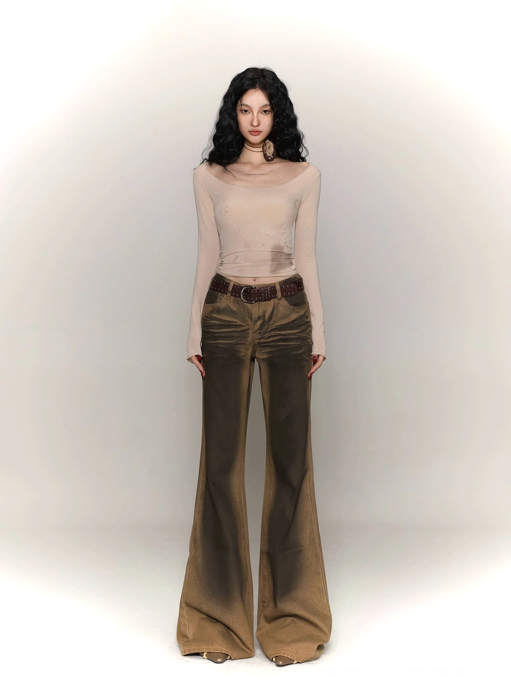 Slim-fit deep U-neck long sleeve base layer top with vintage corset-inspired streetwear design