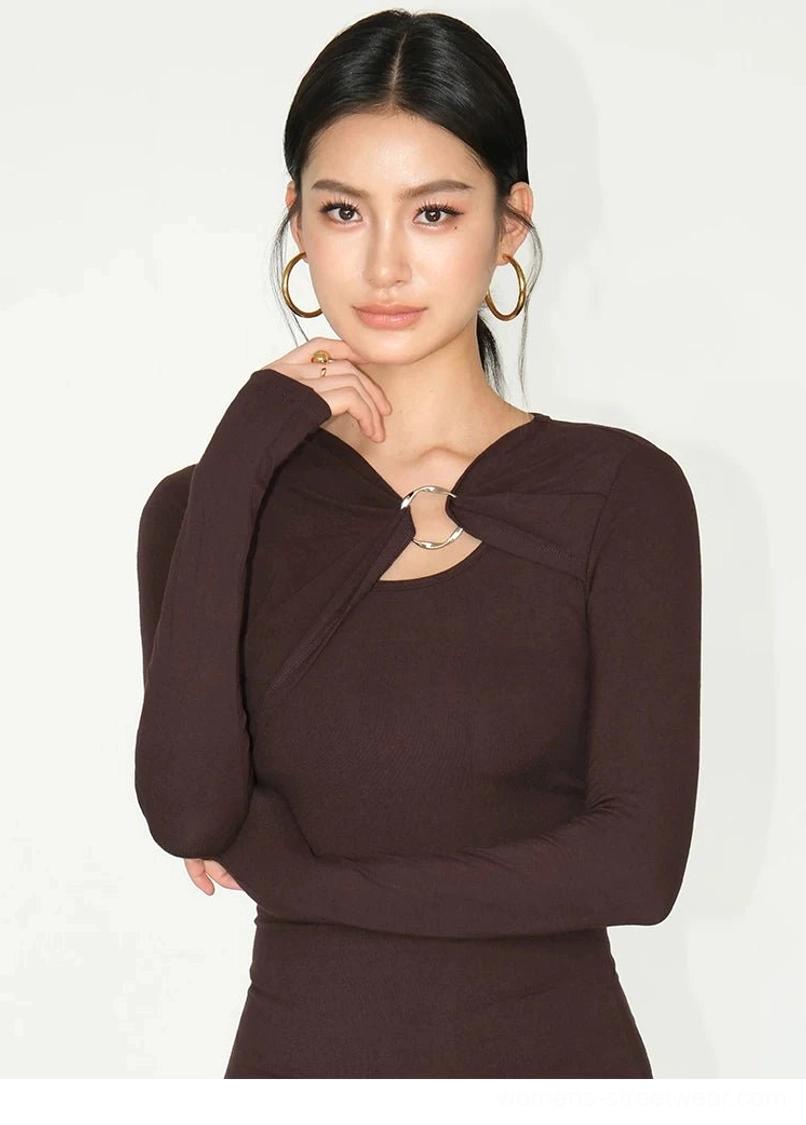 Slim fit long sleeve ring detail knit top with modern Seoul fashion inspired styling