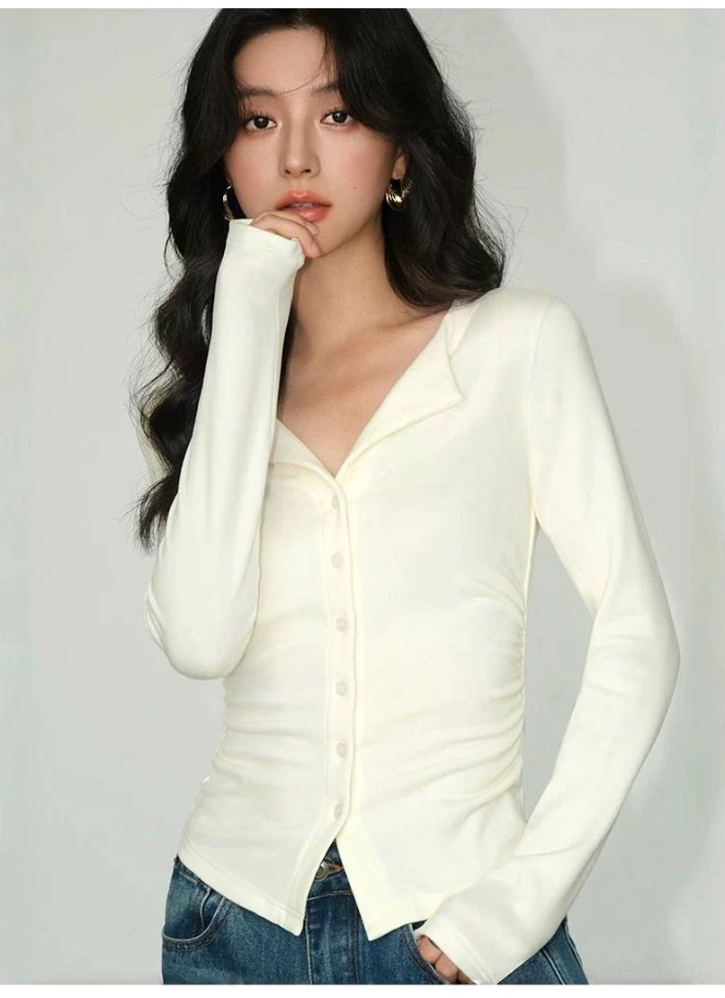 Light apricot Korean streetwear cardigan top with button-front closure fitted waist notched lapel and long sleeves