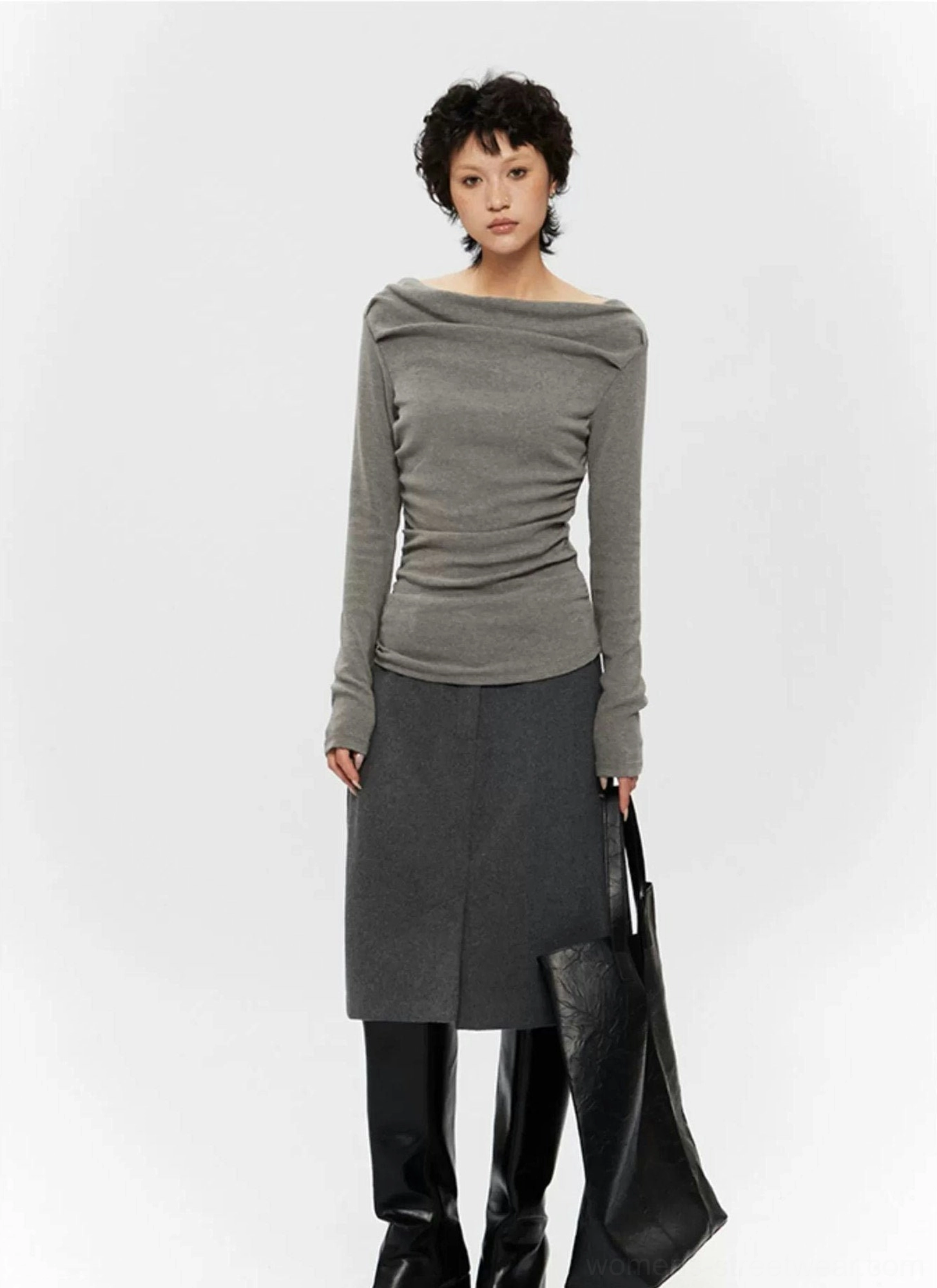 Slim-fit off-shoulder long-sleeve top with gathered ruched texture for Korean fashion and Y2K outfits