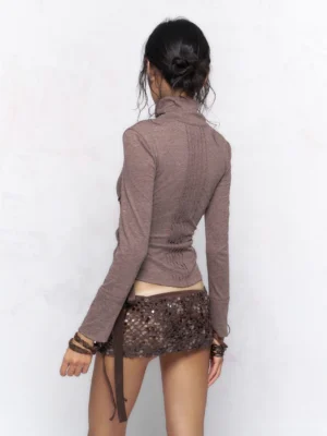 Back view of a slim fit khaki and dark gray streetwear cardigan showing high funnel neck, ruched waist detailing, fitted long sleeves, and button-adjustable cuffs