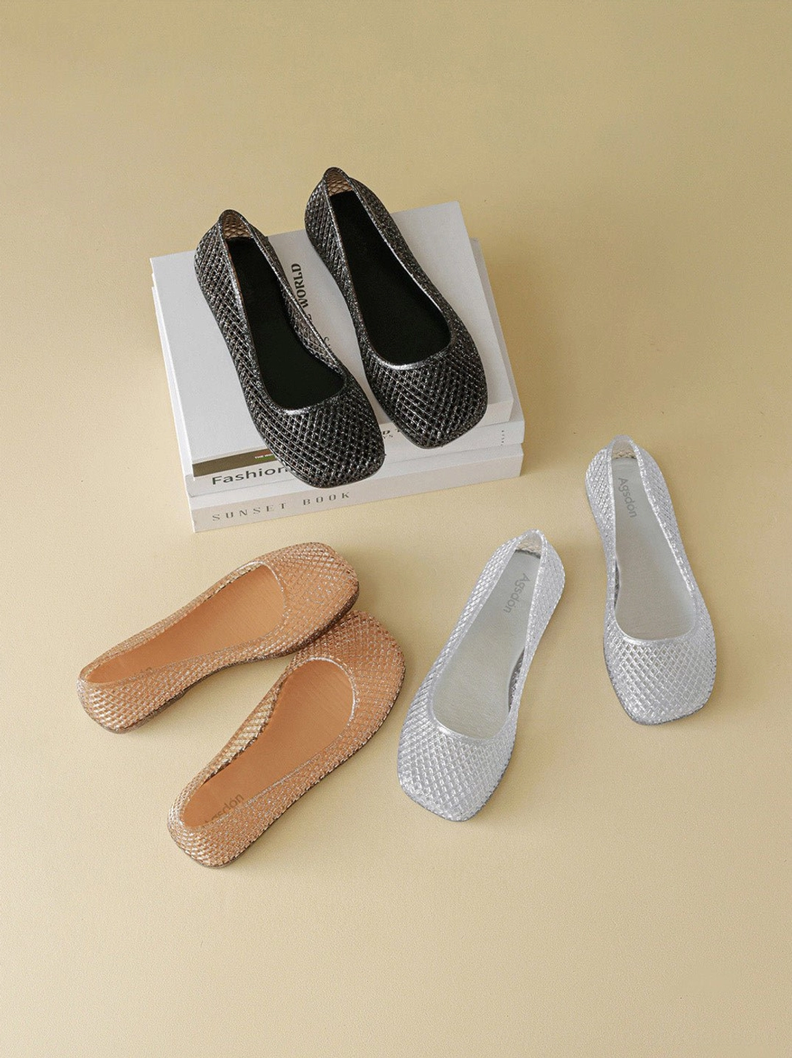 Slip-on glitter mesh jelly ballet flats designed for Korean streetwear and Acubi outfits