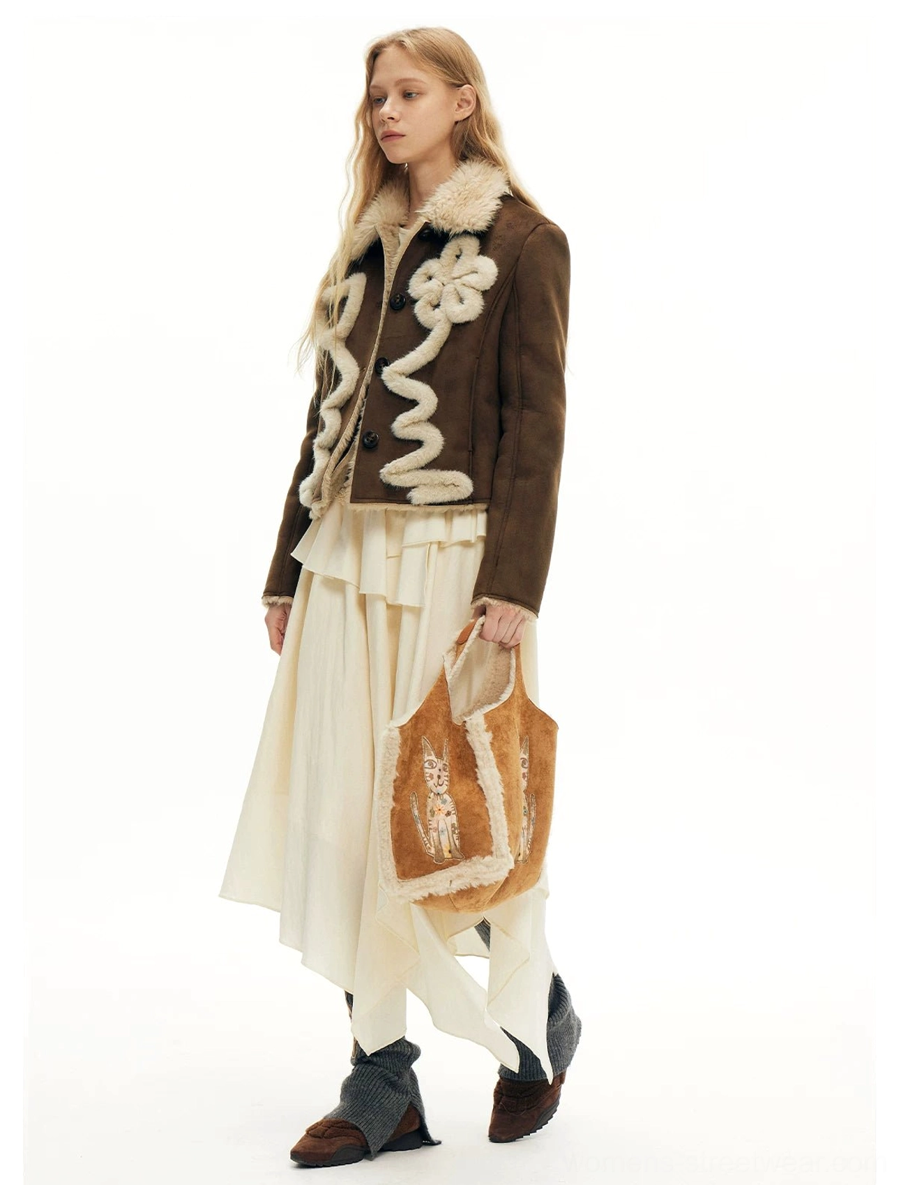 Small embroidered kitty tote in honey brown faux suede with cream plush trim and floral cat front detail