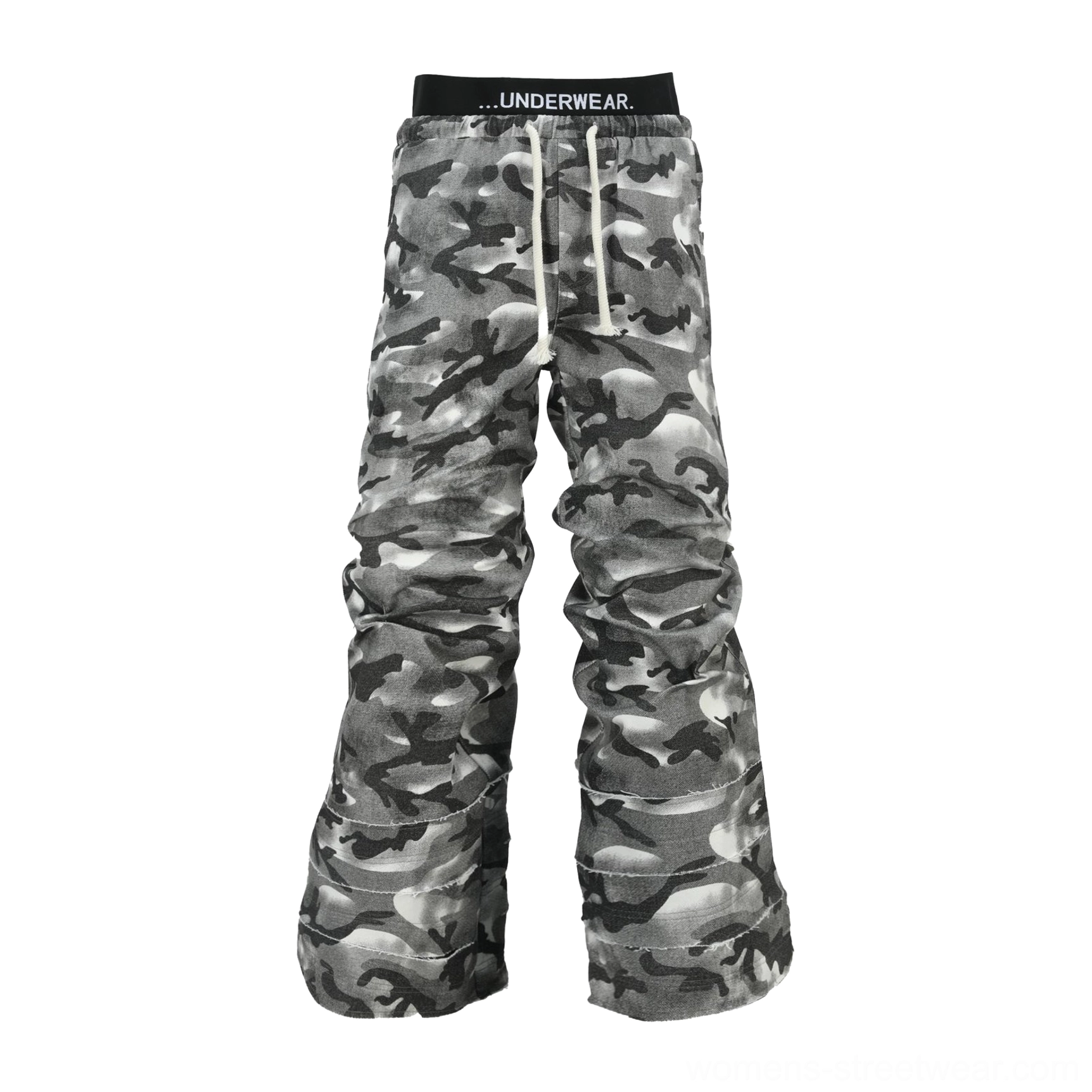 Smoke camouflage double waistband streetwear pants product view showing the oversized fit, tonal camo pattern, drawstring waist, and stacked wide legs
