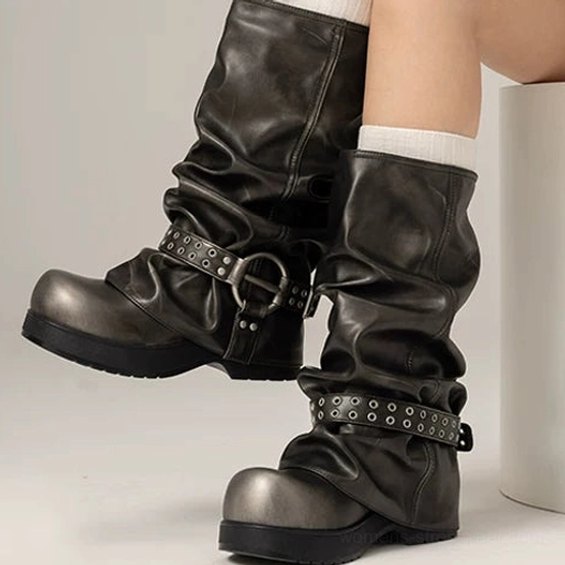 Retro silver Smokestack rivet slouch platform biker boot close-up showing gradient dark gray finish dual metal buckle straps and chunky outsole