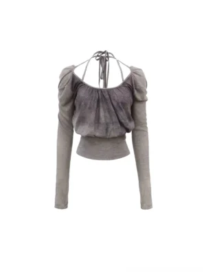 Grey smoky amethyst ruched long sleeve halter knit top flat lay showing gathered bust, tie neck straps, puff sleeves, cropped fitted ribbed waist, and soft purple gradient texture
