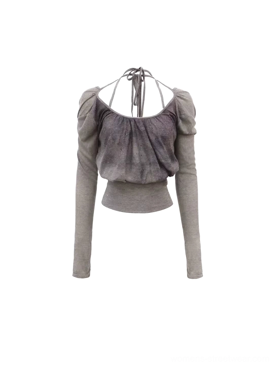 Grey smoky amethyst ruched long sleeve halter knit top flat lay showing gathered bust, tie neck straps, puff sleeves, cropped fitted ribbed waist, and soft purple gradient texture