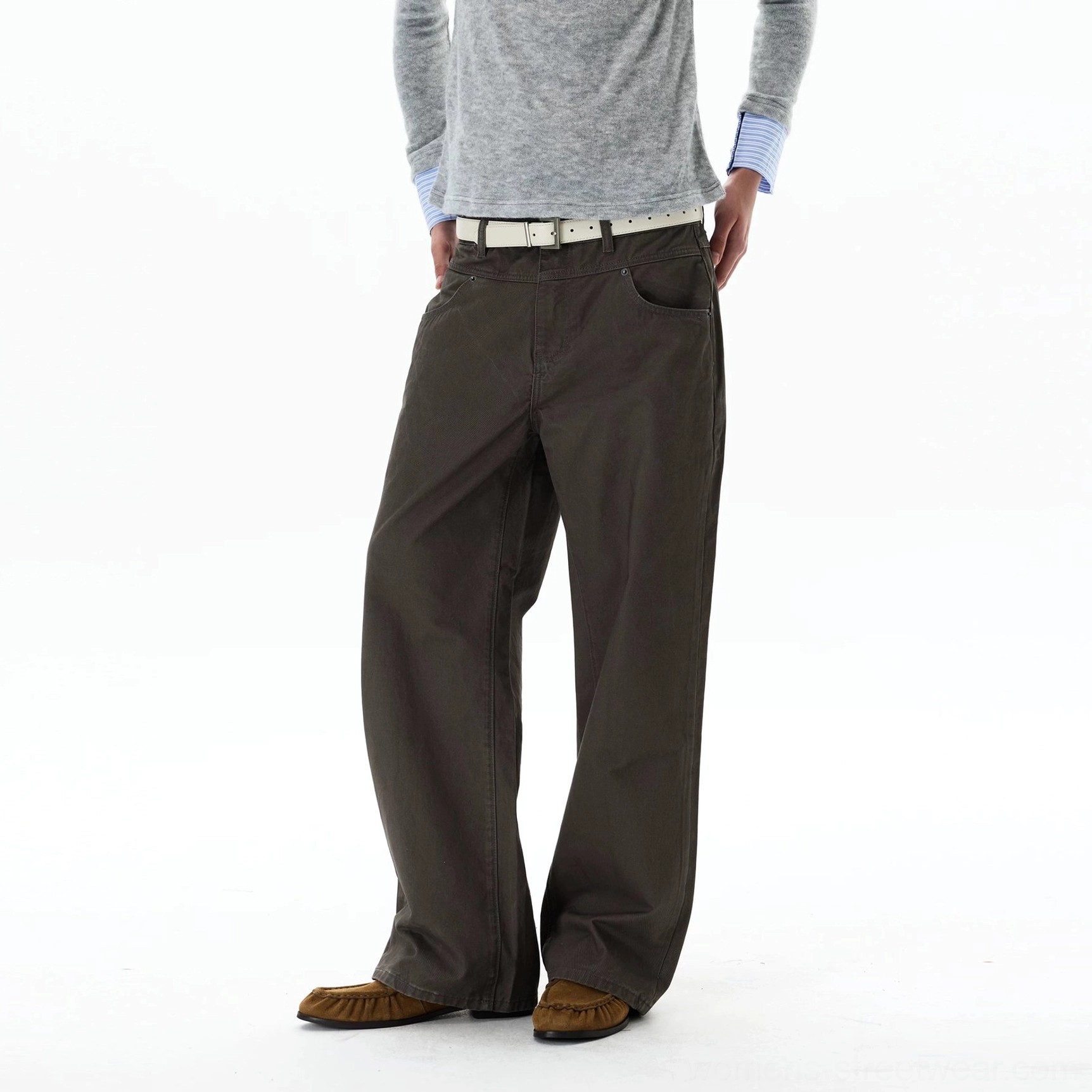 Smoky gray wide-leg chino streetwear pants featuring full-length legs, classic pockets, and a relaxed cotton twill silhouette