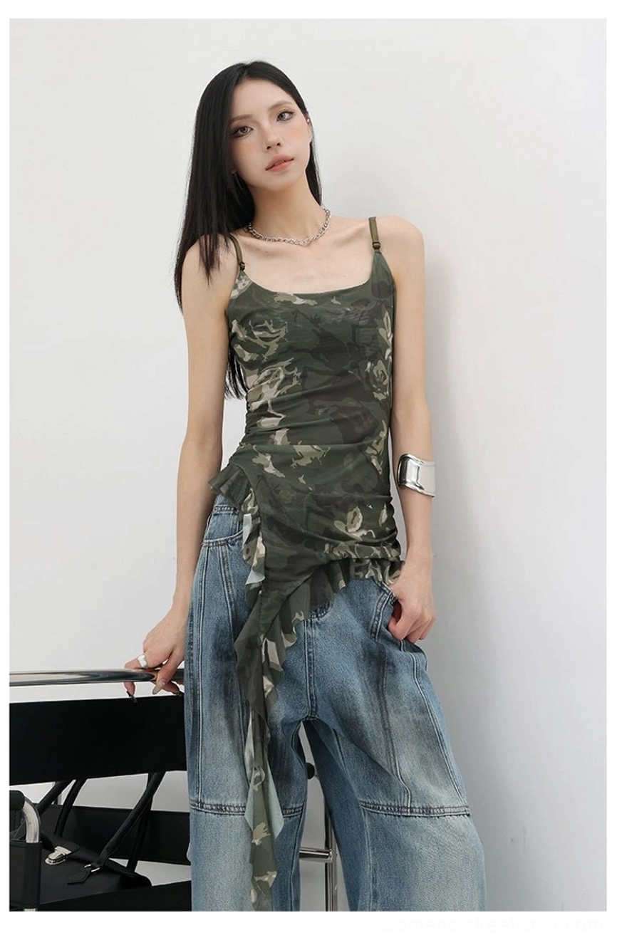 Snake print asymmetric ruffle tank top full body front view showing graphic pattern color intensity and design impact