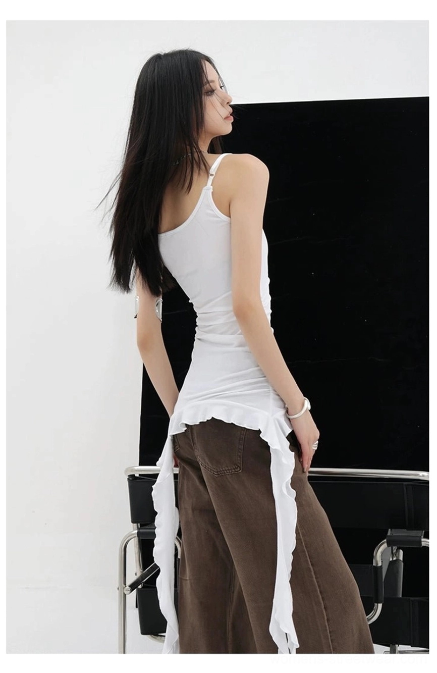 Snake print asymmetric ribbon-strap ruffle tank top graphic print design option detail showing pattern texture and saturation