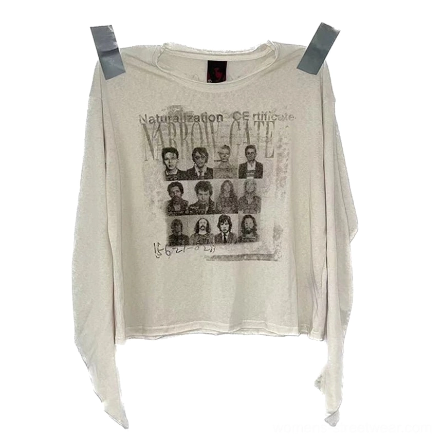 Flat lay of apricot snowfall scimitar sleeve vintage graphic long sleeve tee showing faded photo collage print and raw-look hem