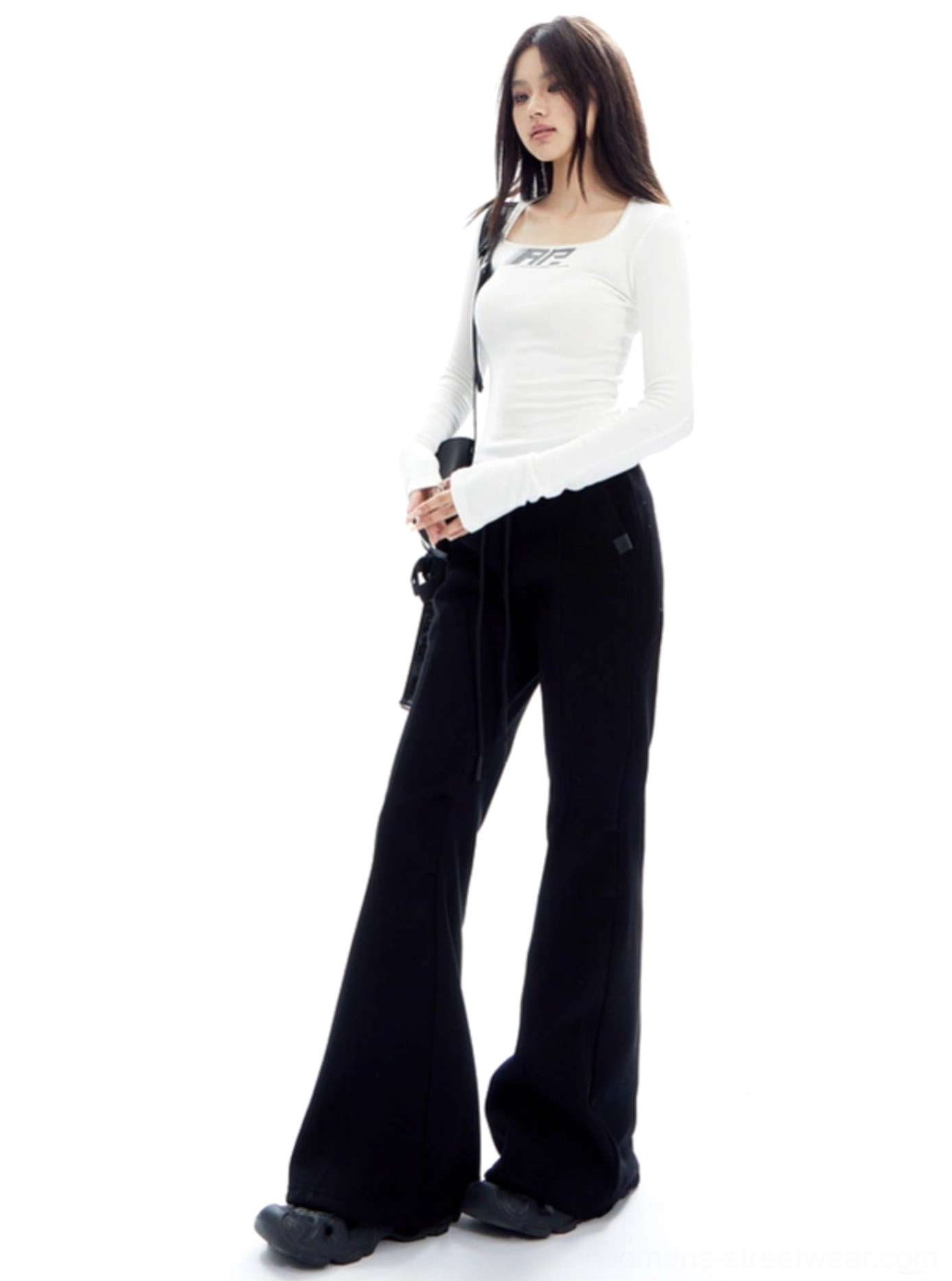 Soft casual flared pants with adjustable drawstring waist and elongated Y2K streetwear silhouette