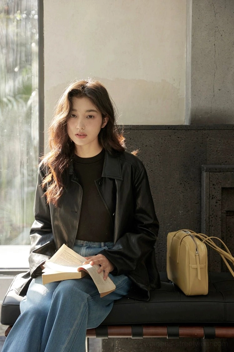 Soft leather-look women’s jacket with a relaxed boxy cut for modern Korean-inspired outfits