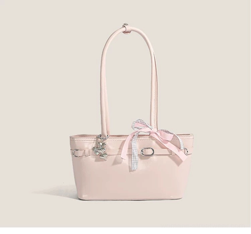 Soft pink cherry picnic ribbon baguette bag with light blue and pink gingham bow, silver hardware, and Korean girly streetwear styling