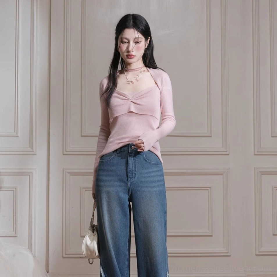 Soft pink twist front long sleeve knit shirt alternative with square neckline and body skimming fit