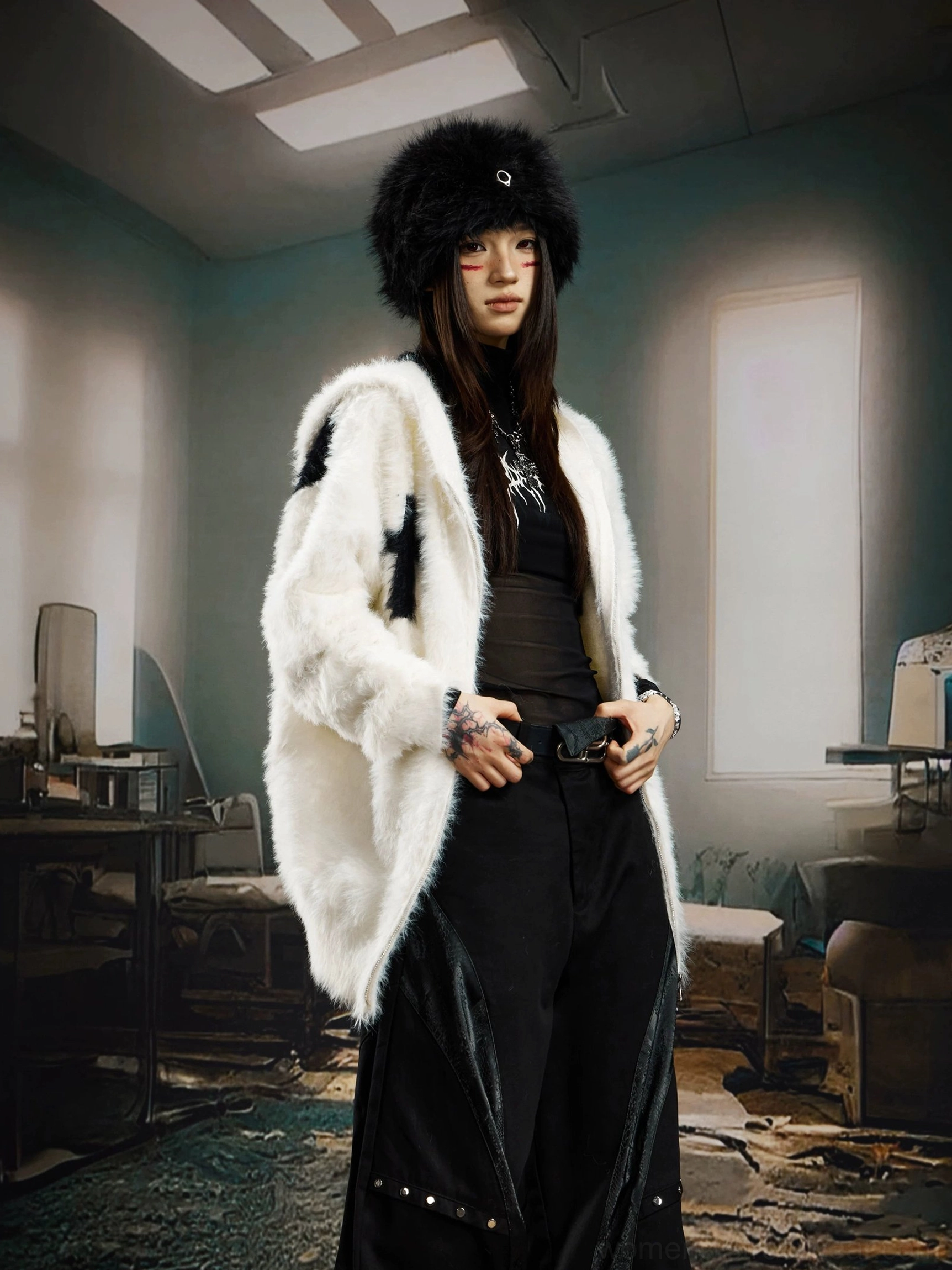Soft shaggy faux fur crucifix hoodie jacket for dark urban streetwear and alternative fashion