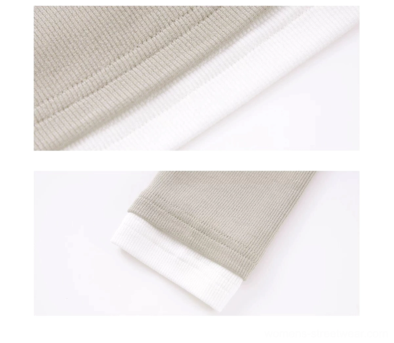 Close-up of soft vertical ribbed stretch fabric and white contrast edge trim on a fitted layered Henley streetwear top