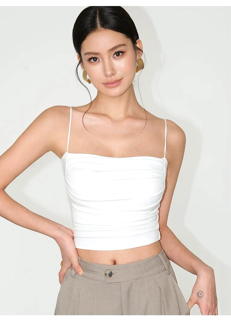 Soft viscose knit ruched crop camisole with delicate straps and sculpted draped front detail