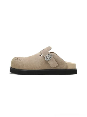 Khaki solar buckle suede streetwear comfort slide left side profile with metal buckle and black rubber outsole