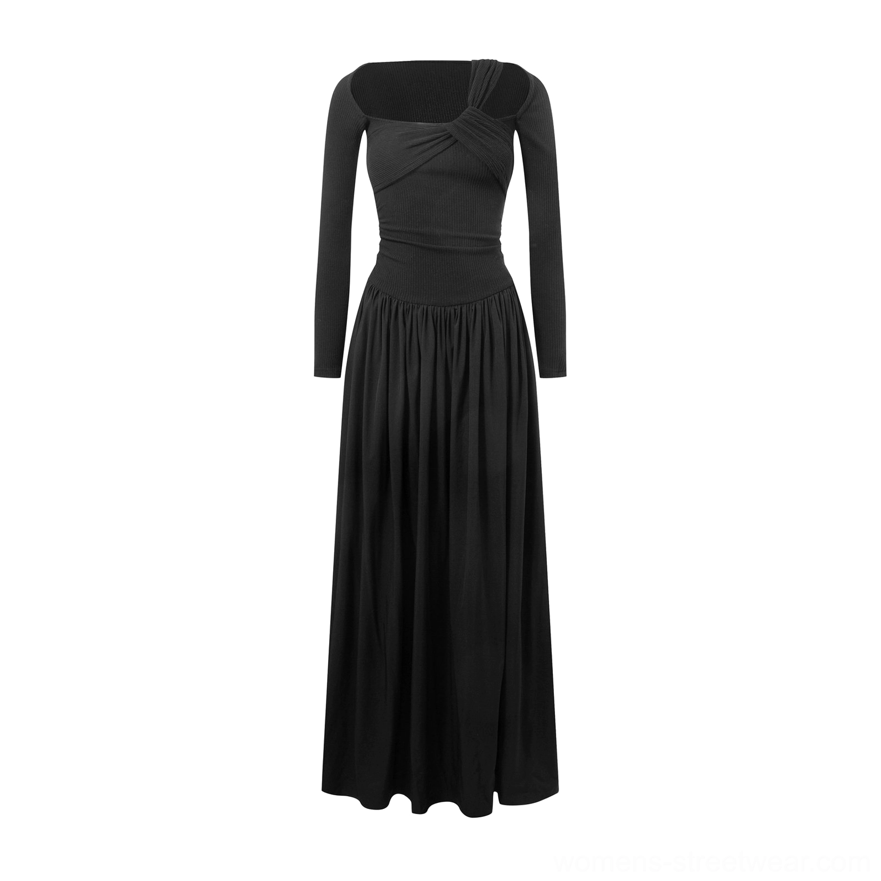 Solid black asymmetrical twist cold-shoulder maxi dress flat lay showing the sculptural neckline, long sleeves, and gathered floor-length skirt