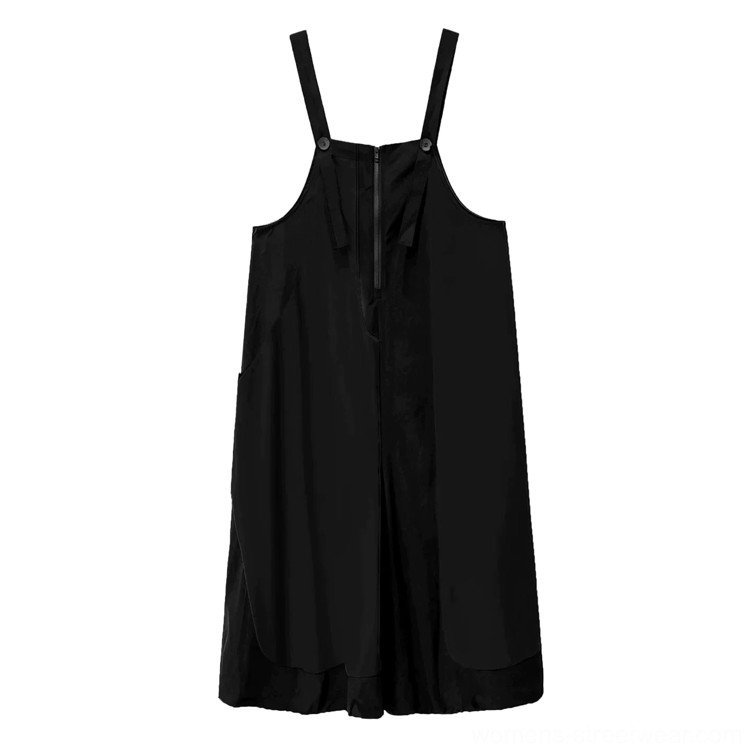 Flat front view of a solid black oversized jumpsuit with adjustable buckle straps, front zipper closure, and relaxed wide legs