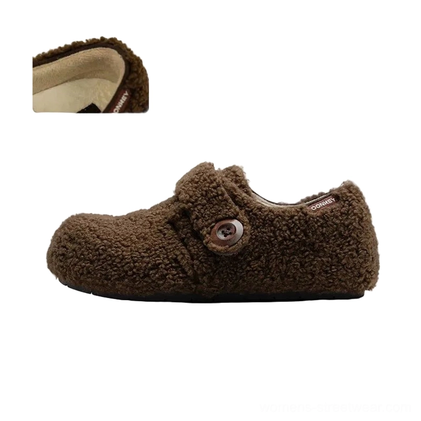 Solid brown curly shearling style Mary Jane slippers with extra fluffy fleece upper, rounded closed toe, button strap, and cushioned thick sole