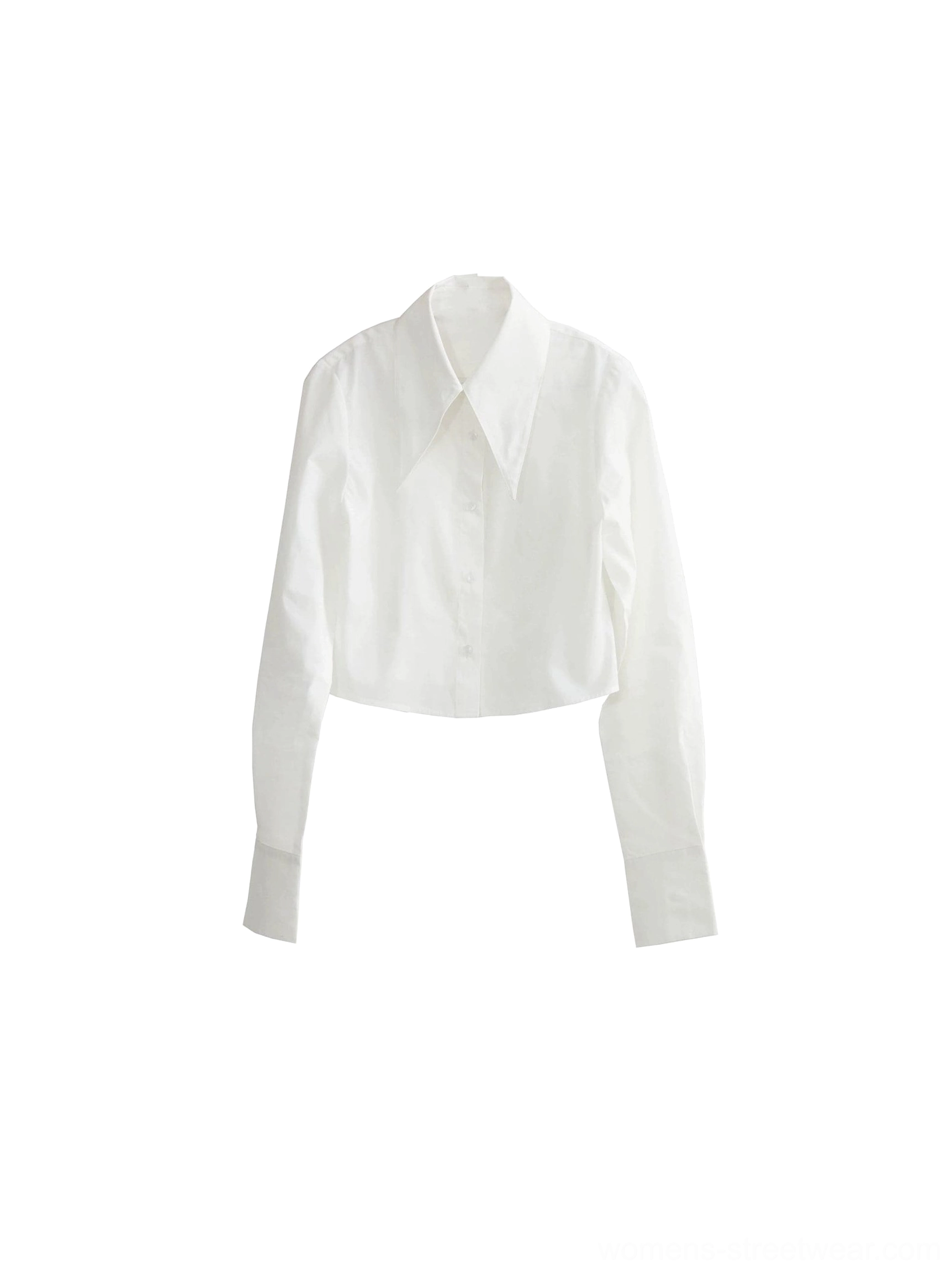 Flat lay view of a solid white cropped long-sleeve button-down shirt with pointed collar and front buttons