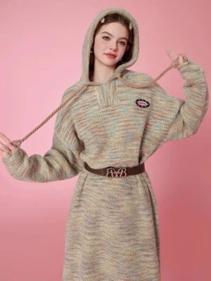 Front view of a loose space-dyed hooded knit midi sweater dress with long sleeves, adjustable drawstrings, and a casual Korean streetwear silhouette