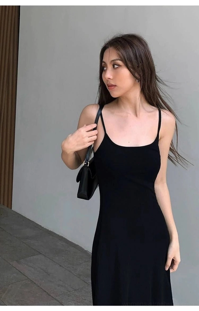 Spaghetti strap maxi slip dress product image highlighting the minimalist floor length streetwear silhouette