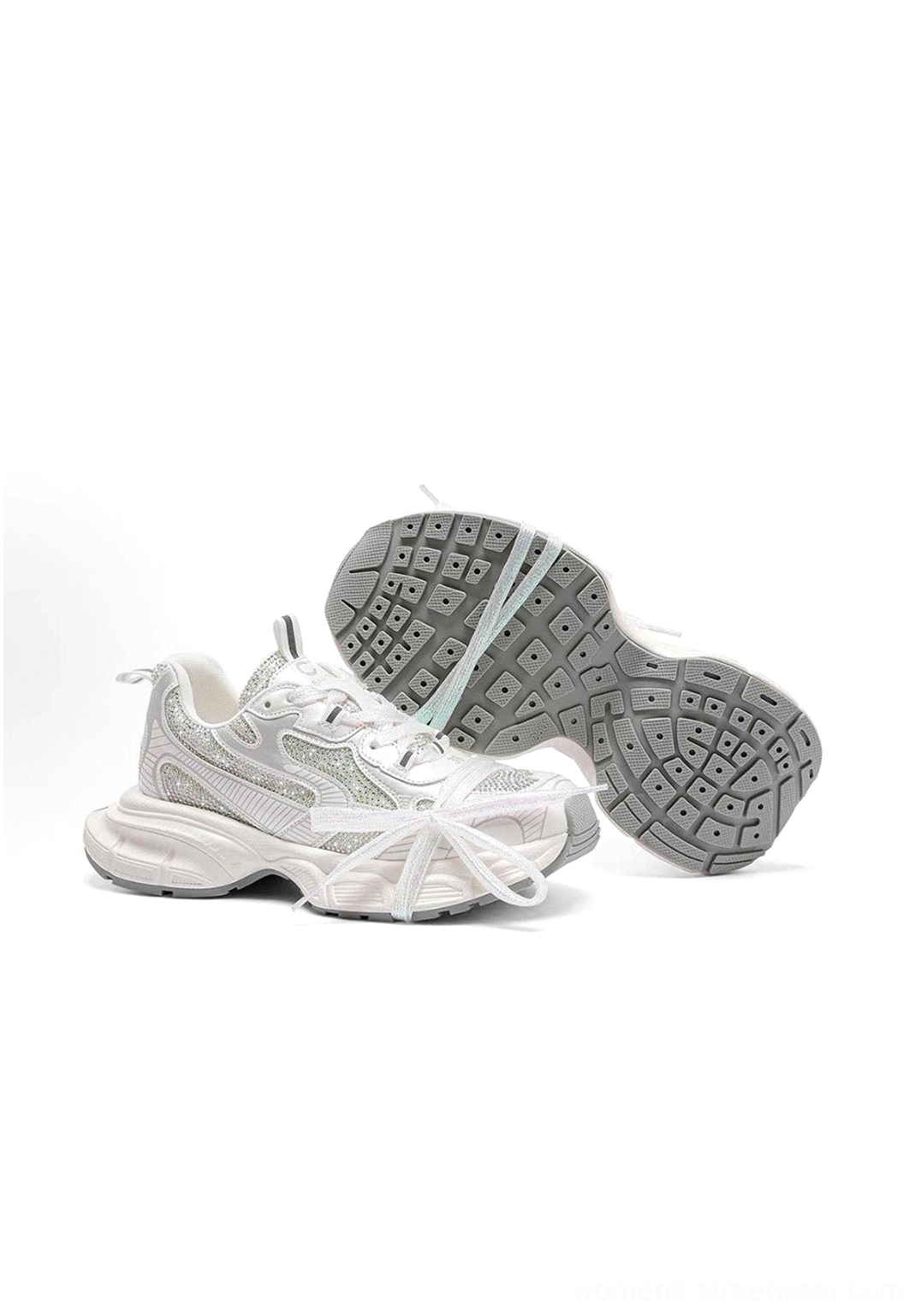 Sparkling rhinestone dad sneakers with metallic layered panels, chunky sole, and statement-making Korean street fashion appeal
