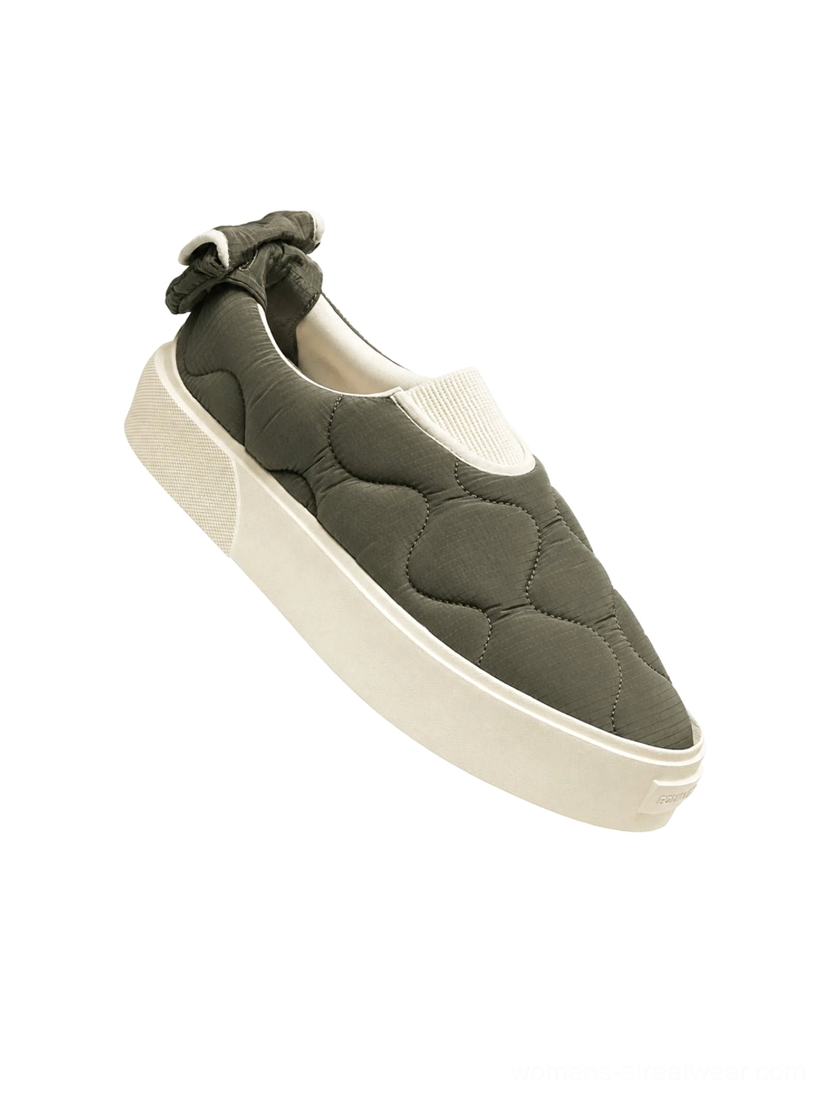 Special forces green quilted slip-on skate shoes with white platform rubber sole and heel bow detail