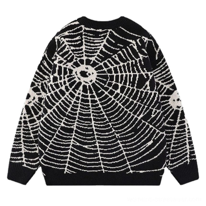 Black and white spider web knit sweater back view with ribbed collar cuffs and hem
