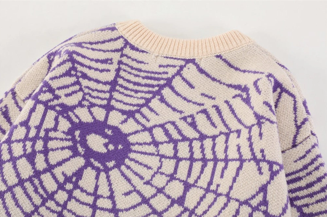 Spider web jacquard knit sweater in purple cream or black oversized Y2K streetwear style