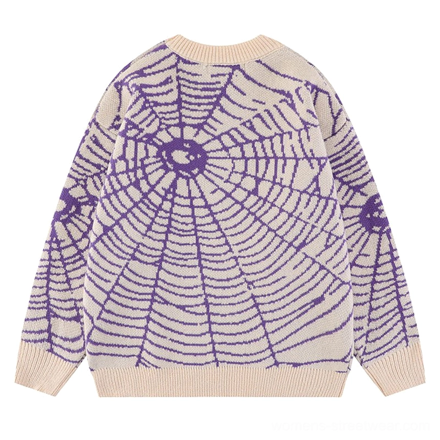 Purple cream spider web knit sweater back flat lay showing all-over jacquard web design