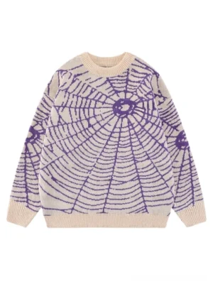 Purple cream spider web jacquard knit sweater front flat lay with ribbed crewneck cuffs and hem