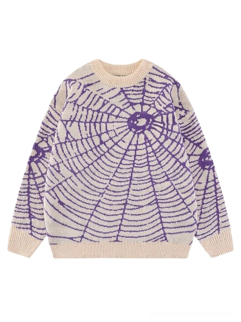 Purple cream spider web jacquard knit sweater front flat lay with ribbed crewneck cuffs and hem