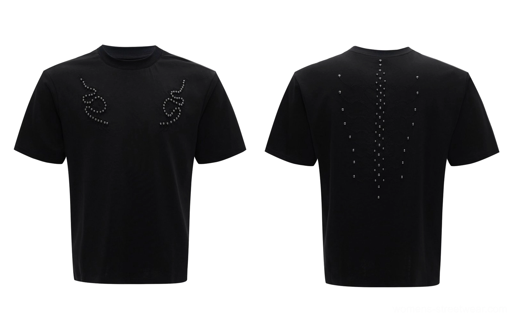 Black fitted studded crew neck T-shirt shown in a complete front and back product view for Y2K streetwear styling