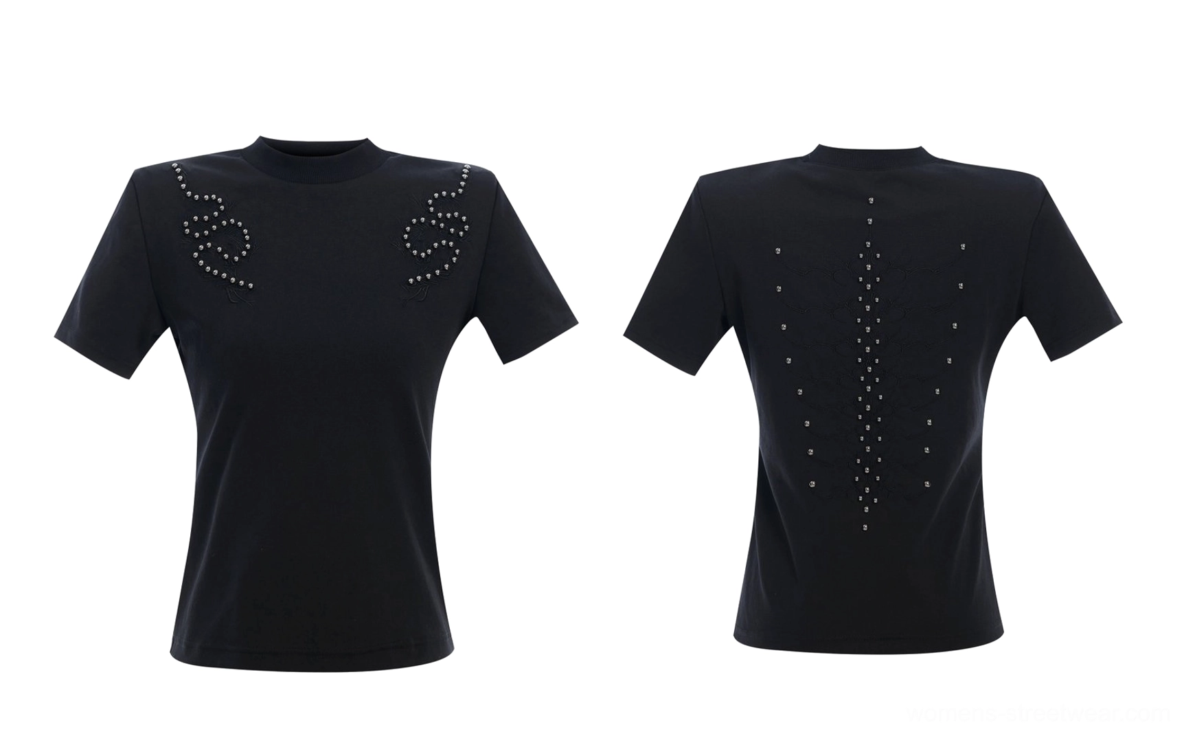 Flat lay front view of a black fitted short sleeve T-shirt with matching swirling stud patterns across the chest