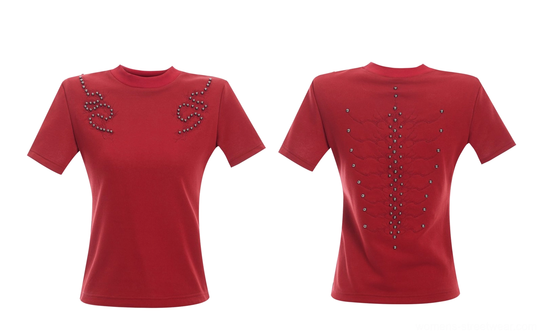 Burgundy red studded fitted T-shirt shown in front and back flat lay views with swirl and spine graphic details
