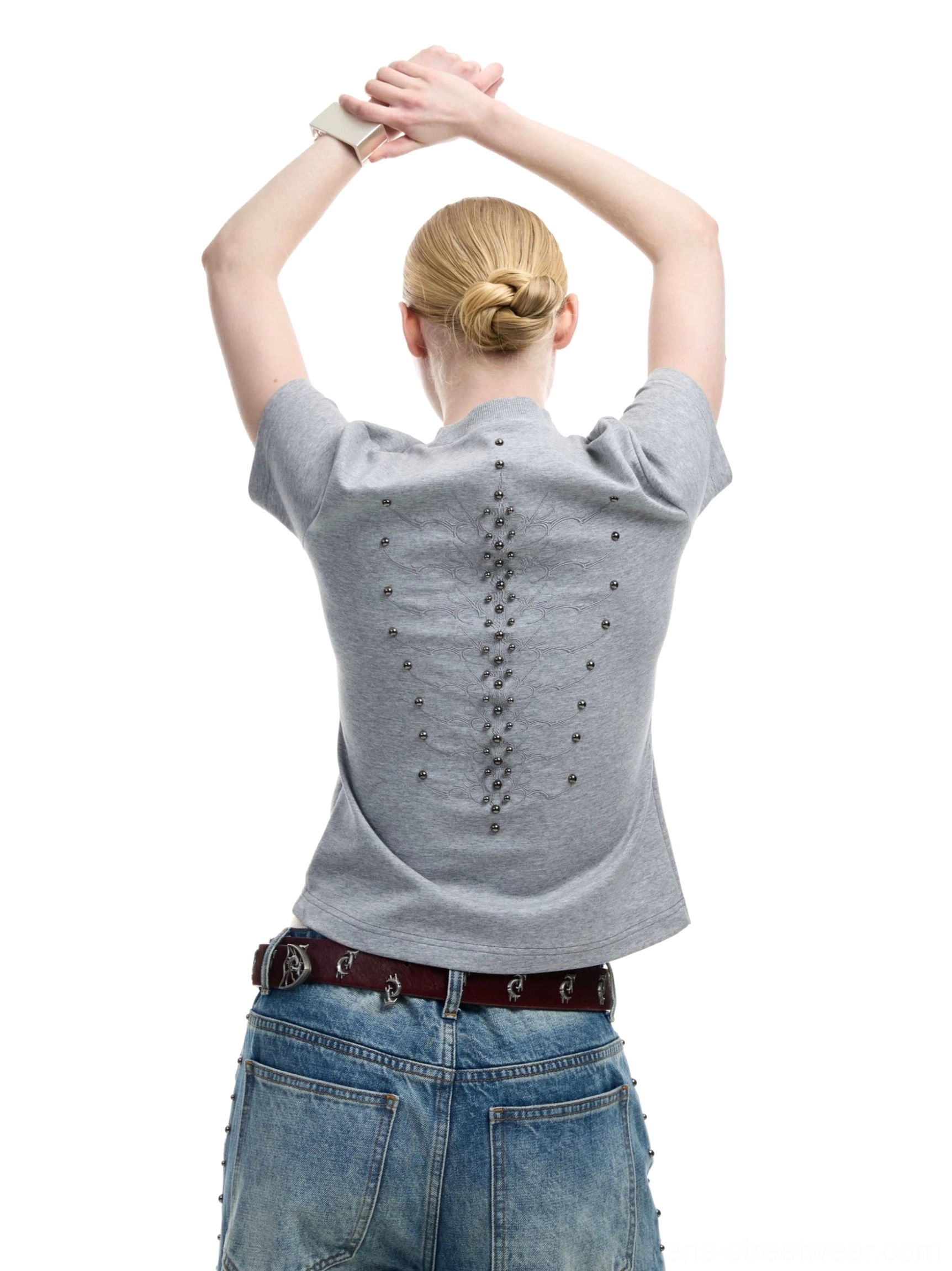 Heather grey fitted studded T-shirt shown from the back with a vertical crystal spine pattern and short sleeves