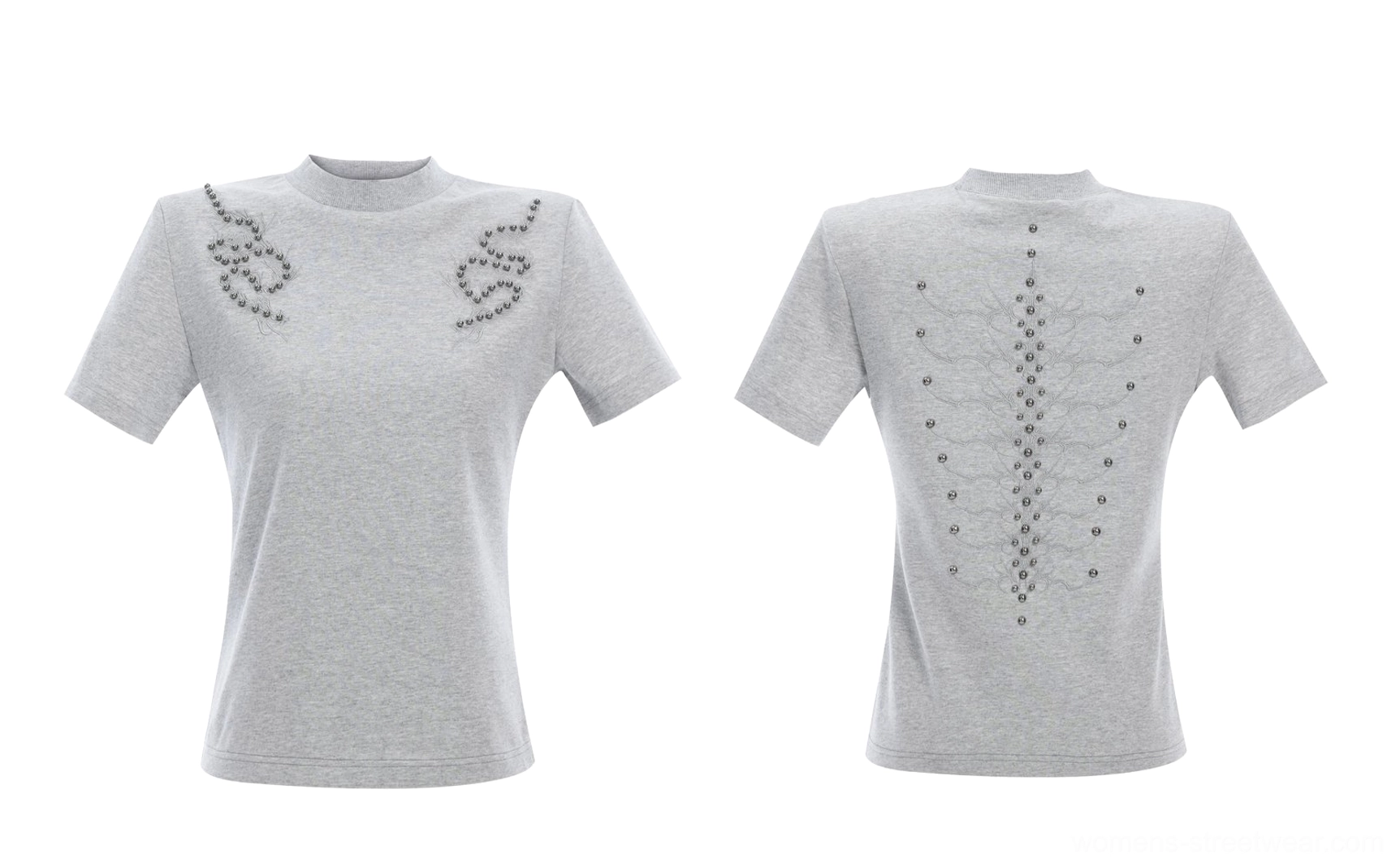 Heather grey fitted studded short sleeve T-shirt shown in front and back views with a vertical spine pattern