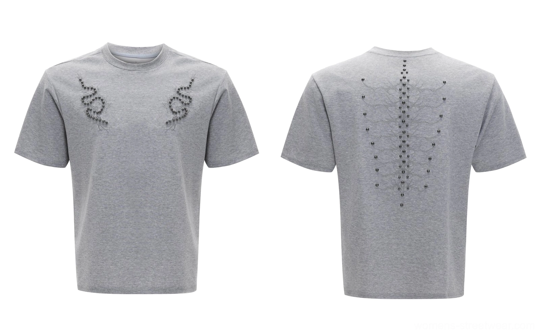 Spine crystal studded fitted T-shirt showcasing the sleek crew neck cut and modern East Asian streetwear aesthetic