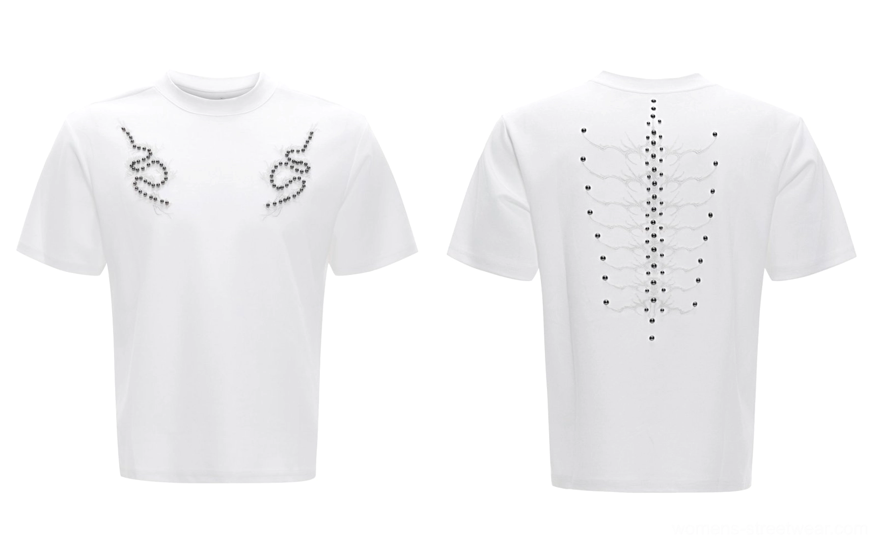 Spine crystal studded fitted short sleeve T-shirt product detail with decorative chest and back embellishments
